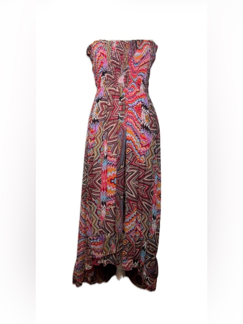 Fun & Flirt Psychedelic Strapless Smocked Maxi Dress Festival Boho High Low